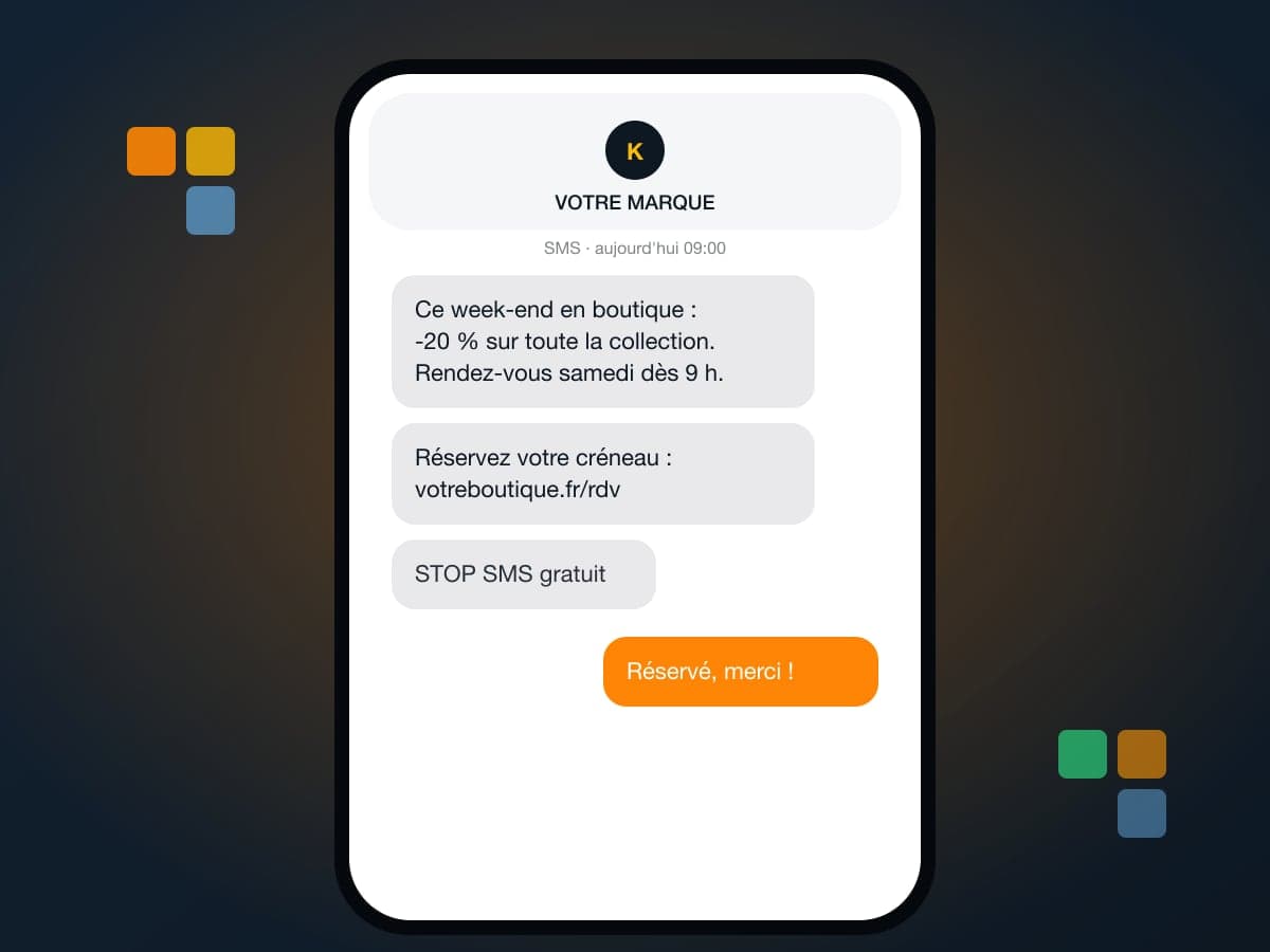 Exemple de SMS promotionnel reçu sur un téléphone, avec lien de réservation et mention STOP